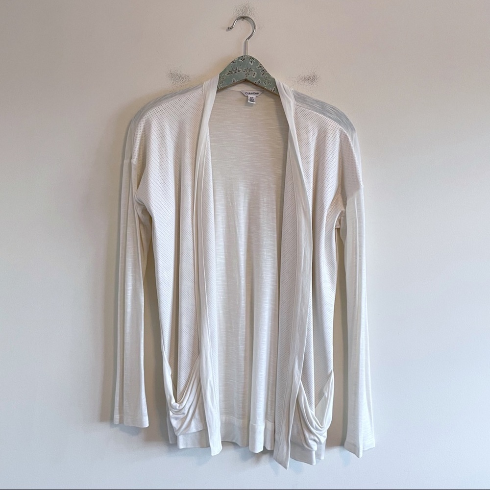 Calvin Klein White Perforated Faux Leather Open Cardigan